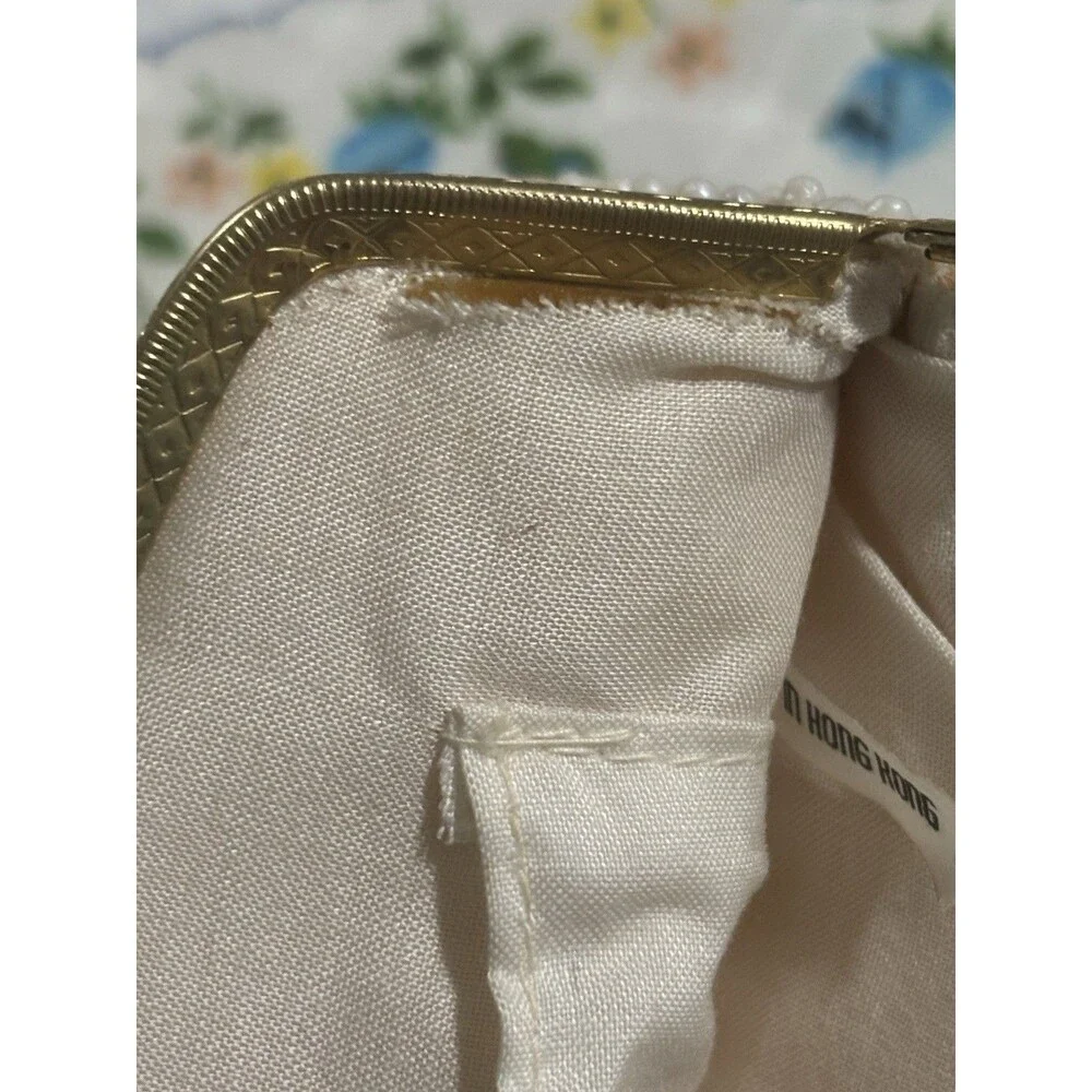Vintage 1960s Beaded Floral Evening Bag Ivory Metal Frame Chain Strap Hong Kong